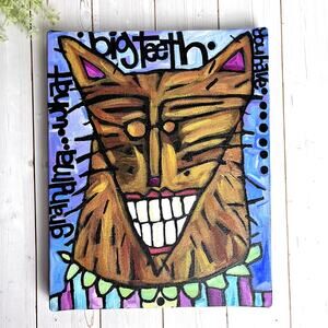 Vibrant Stylized Painting Smiling Wolf Grandma Pajamas Big Teeth VTG Signed